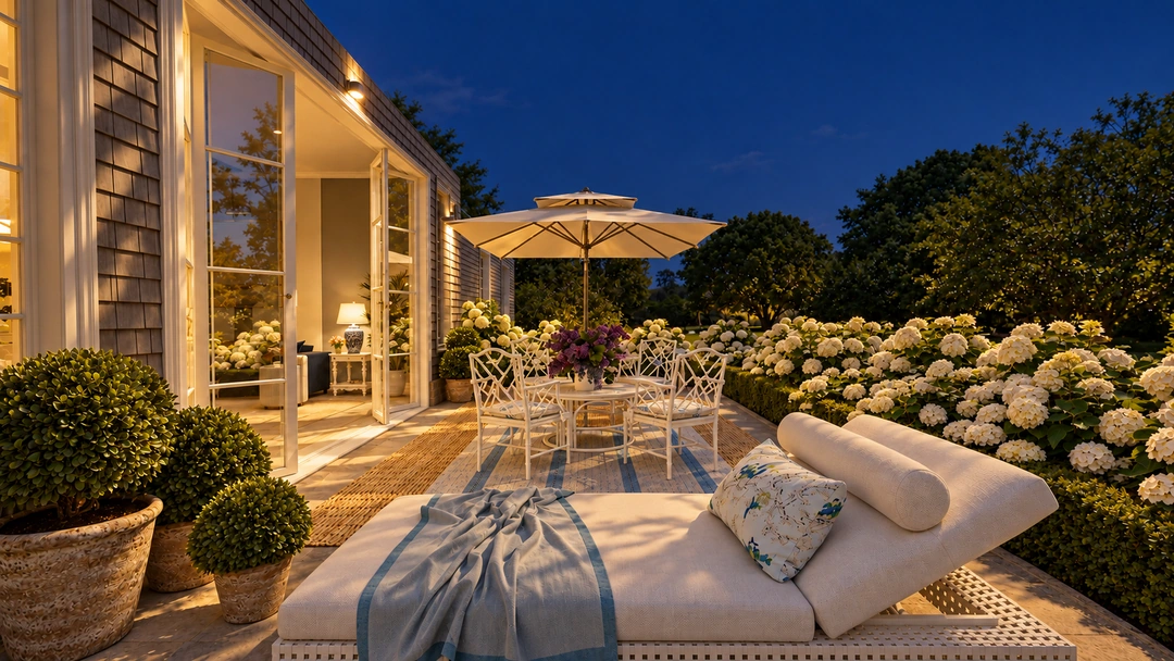 Evening terrace lounge with curved sofa and flowers — Wilmington, NC, Studio Dalika; project view 7