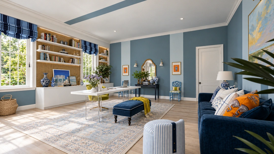 Living room with blue sofa and kitchen beyond — Wilmington, NC, Studio Dalika