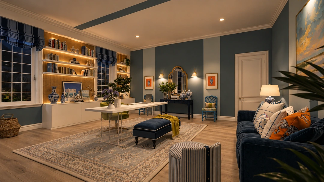 Evening open living room with teal walls — Wilmington, NC, Studio Dalika; project view 3