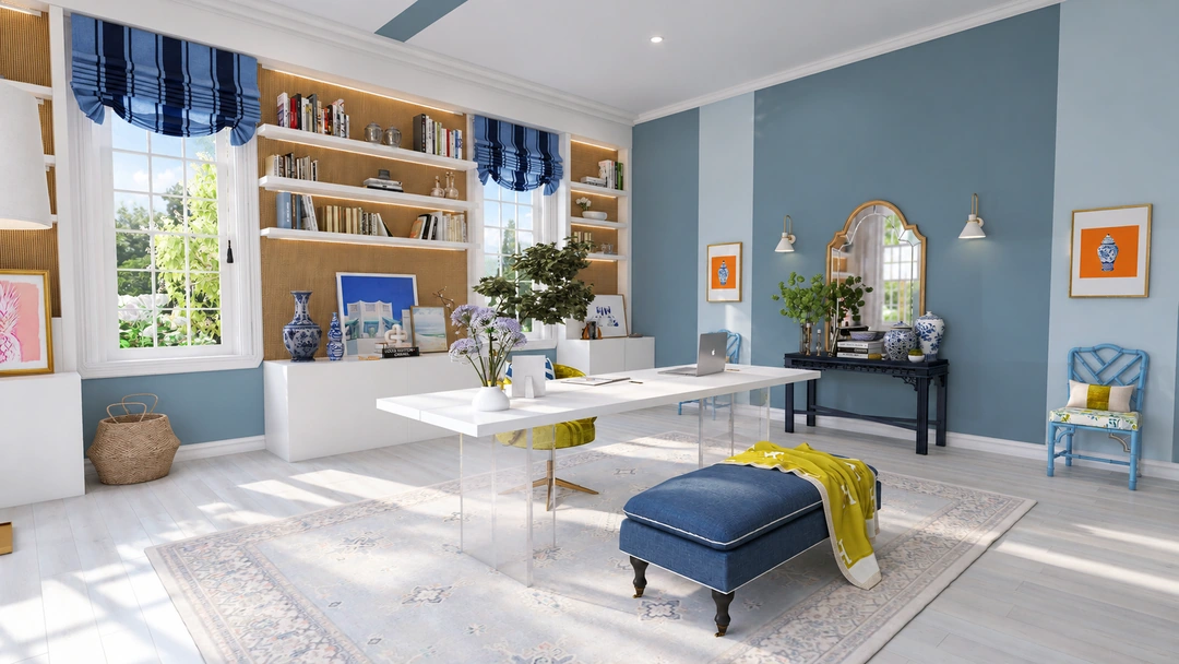 Kitchen island with blue bench and teal walls — Wilmington, NC, Studio Dalika; project view 4