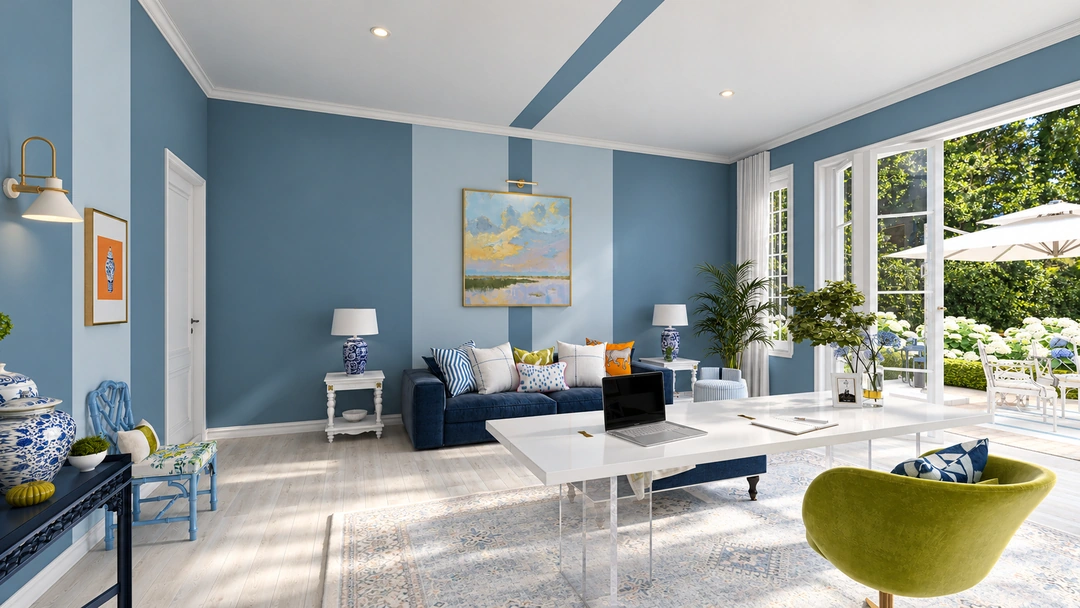 Open living room with fireplace and teal walls — Wilmington, NC, Studio Dalika; project view 5
