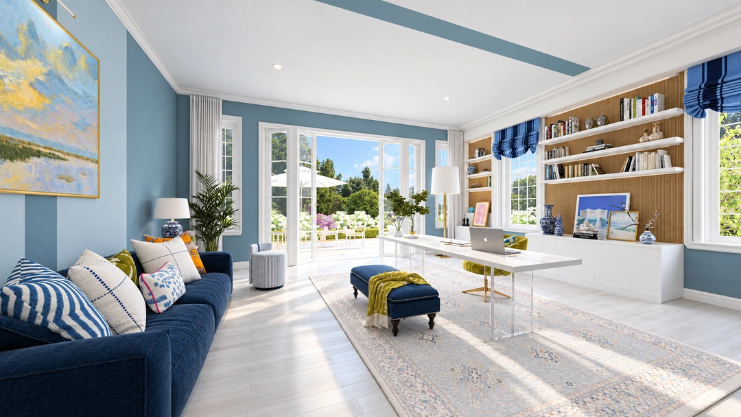 Living room with teal walls and blue sofa — Wilmington, NC, Studio Dalika; project view 6