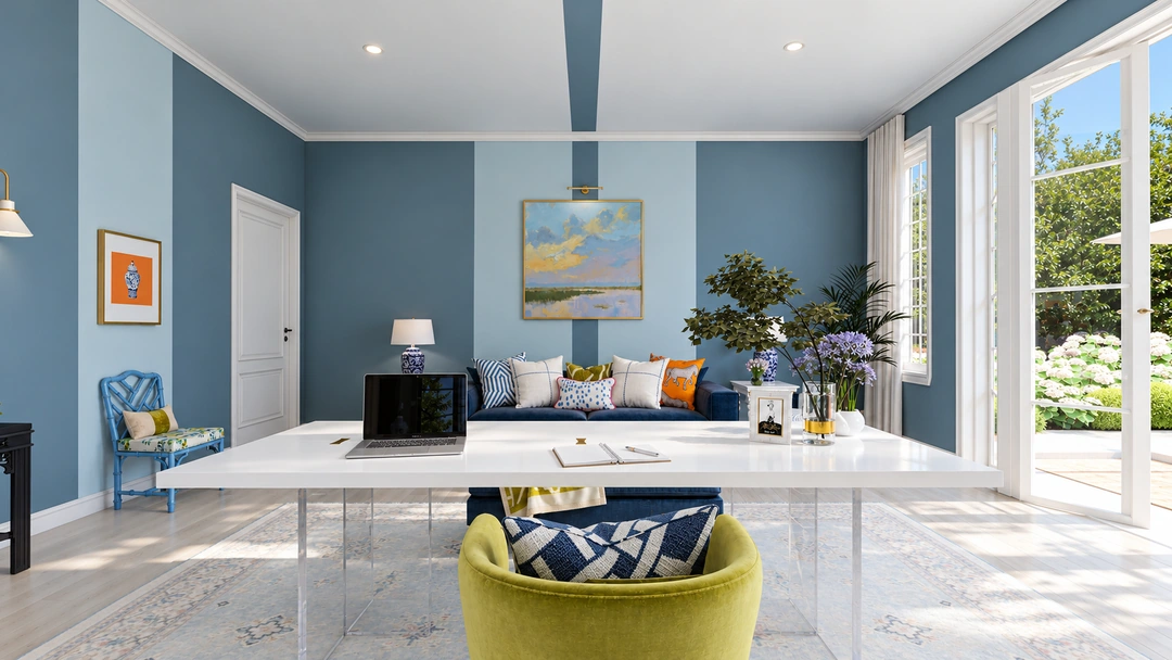 Kitchen island with lime stool and teal walls — Wilmington, NC, Studio Dalika; project view 7