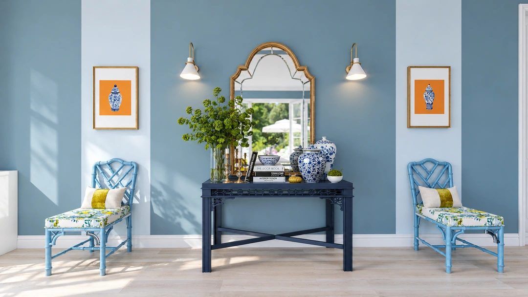 Console beneath ornate mirror on teal wall — Wilmington, NC, Studio Dalika; project view 8