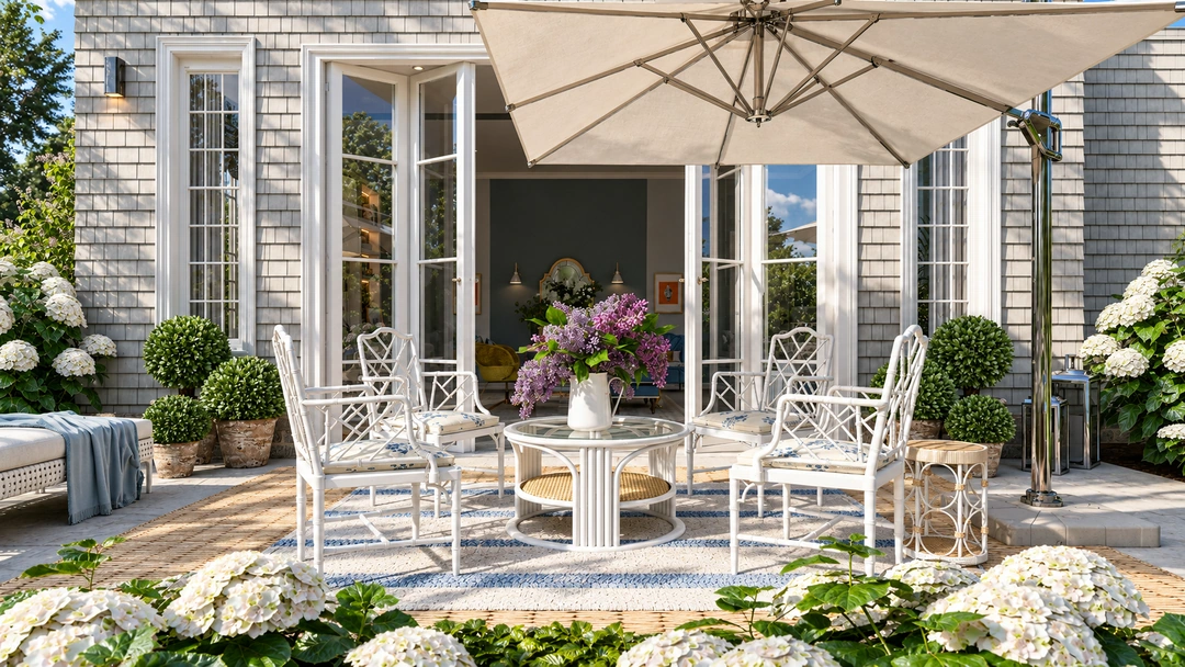 Outdoor dining terrace beside tall French doors — Wilmington, NC, Studio Dalika; project view 10