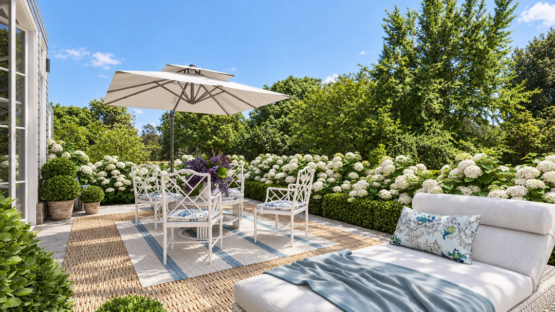 Terrace lounge with curved sofa and flowering garden — Wilmington, NC, Studio Dalika; project view 11