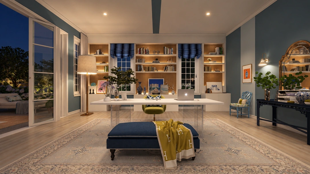 Evening kitchen and living room with blue cabinetry — Wilmington, NC, Studio Dalika; project view 14