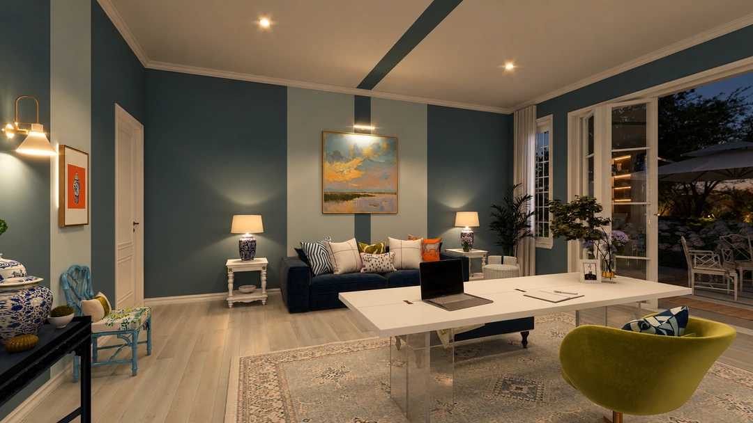 Evening kitchen island with stools and teal walls — Wilmington, NC, Studio Dalika; project view 16