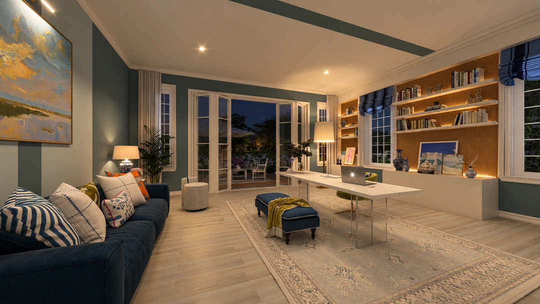 Evening open living room with teal walls — Wilmington, NC, Studio Dalika; project view 17