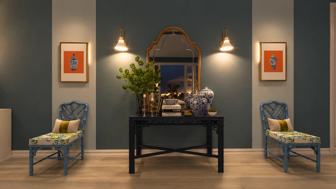 Evening console beneath ornate mirror and wall sconces — Wilmington, NC, Studio Dalika; project view 18