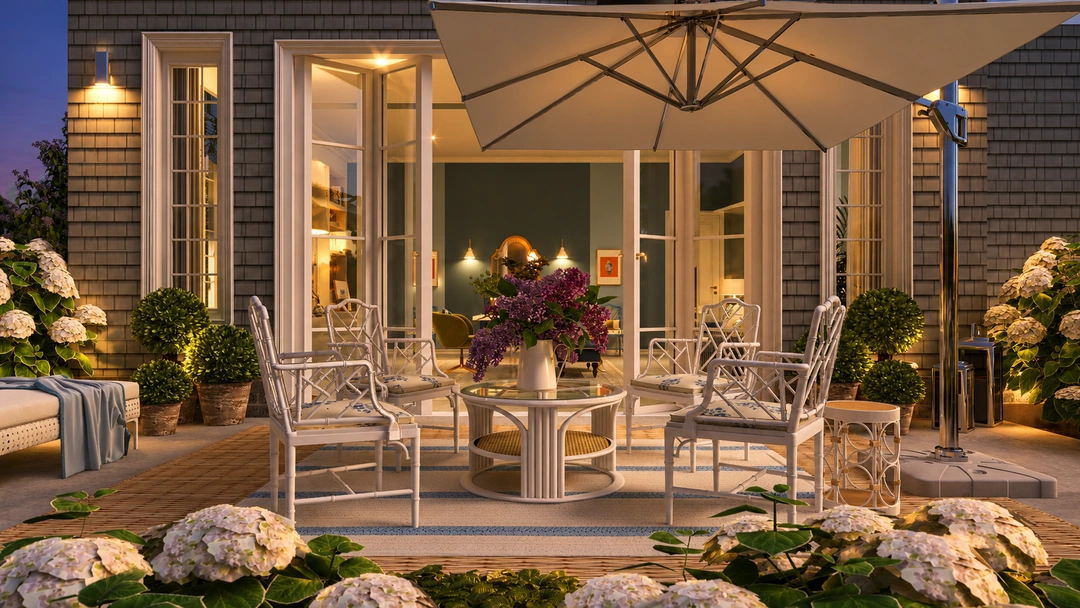 Evening garden terrace with umbrella and dining table — Wilmington, NC, Studio Dalika; project view 19