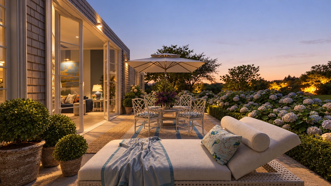 Evening terrace with curved sofa and flowering garden — Wilmington, NC, Studio Dalika; project view 20