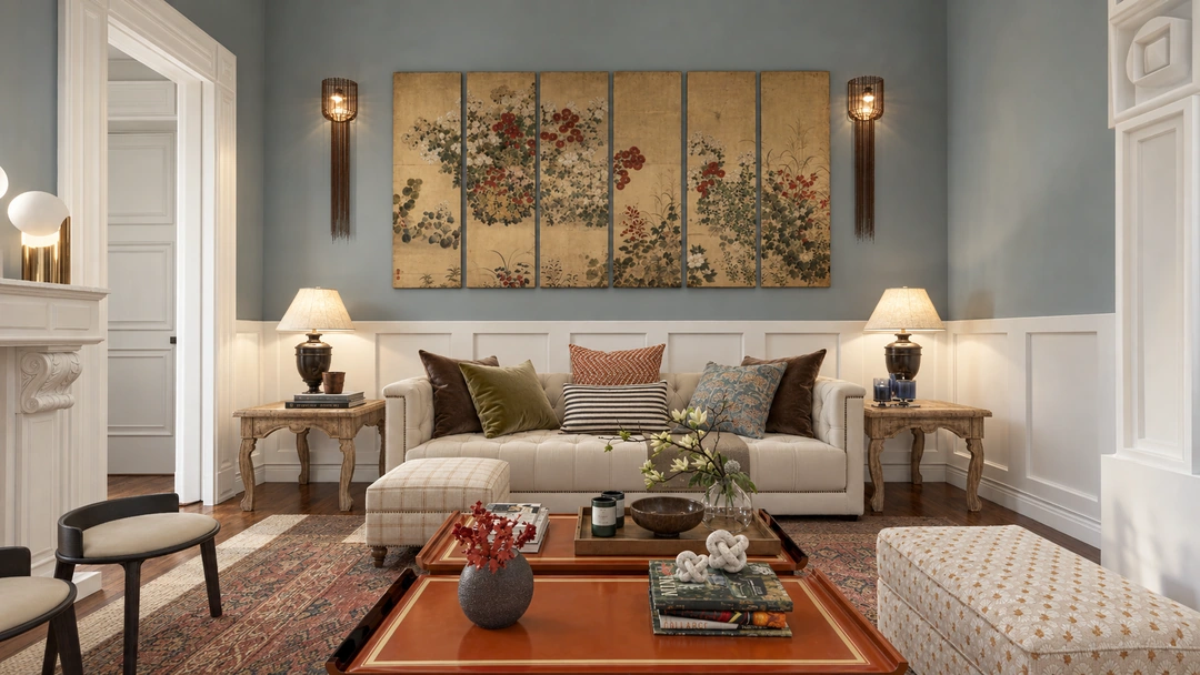 Living room with pale sofa beneath large artwork — Savannah, GA, Studio Dalika