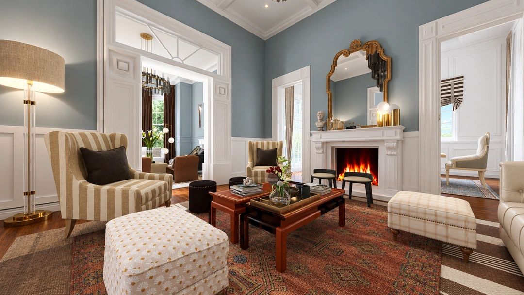 Living room seating with fireplace and red coffee table — Savannah, GA, Studio Dalika; project view 3