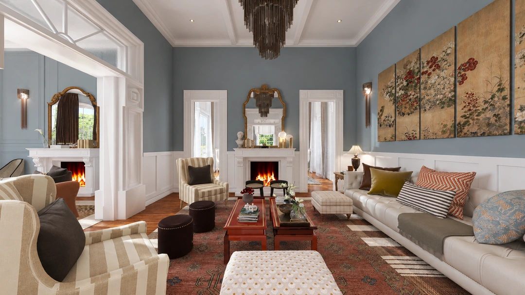 Living room with pale sofa and red coffee table — Savannah, GA, Studio Dalika; project view 4