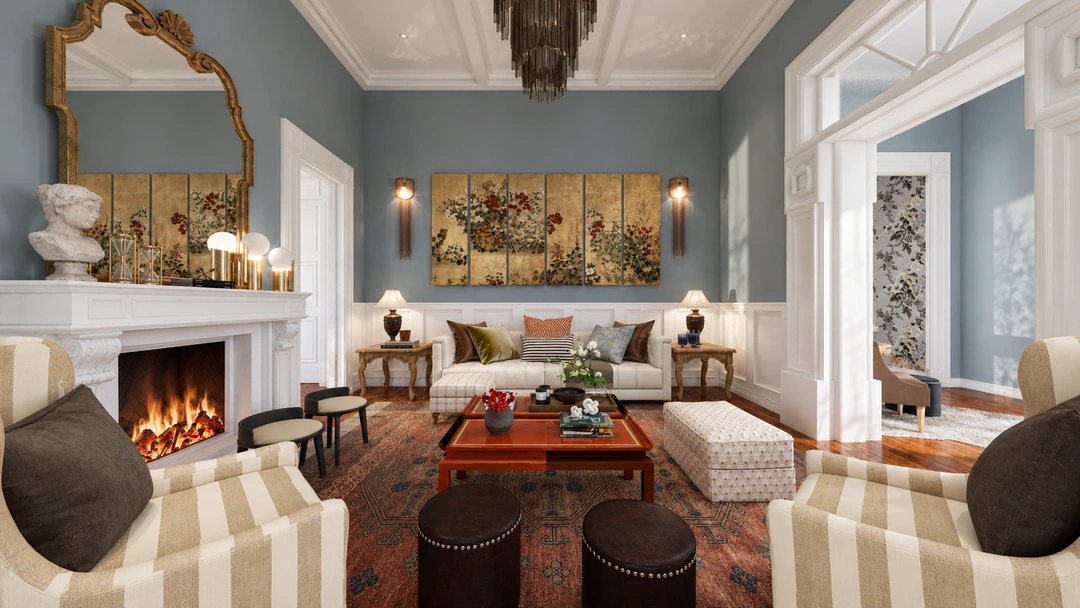 Living room with striped chairs and red coffee table — Savannah, GA, Studio Dalika; project view 5