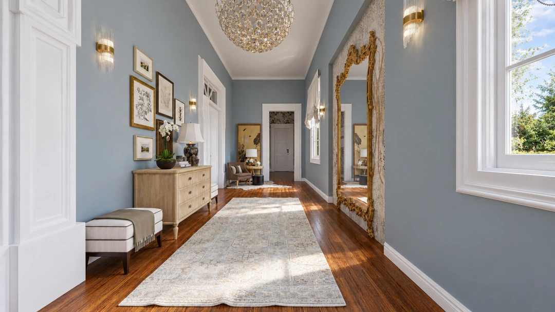 Blue gallery hallway with framed artwork and runner — Savannah, GA, Studio Dalika; project view 6