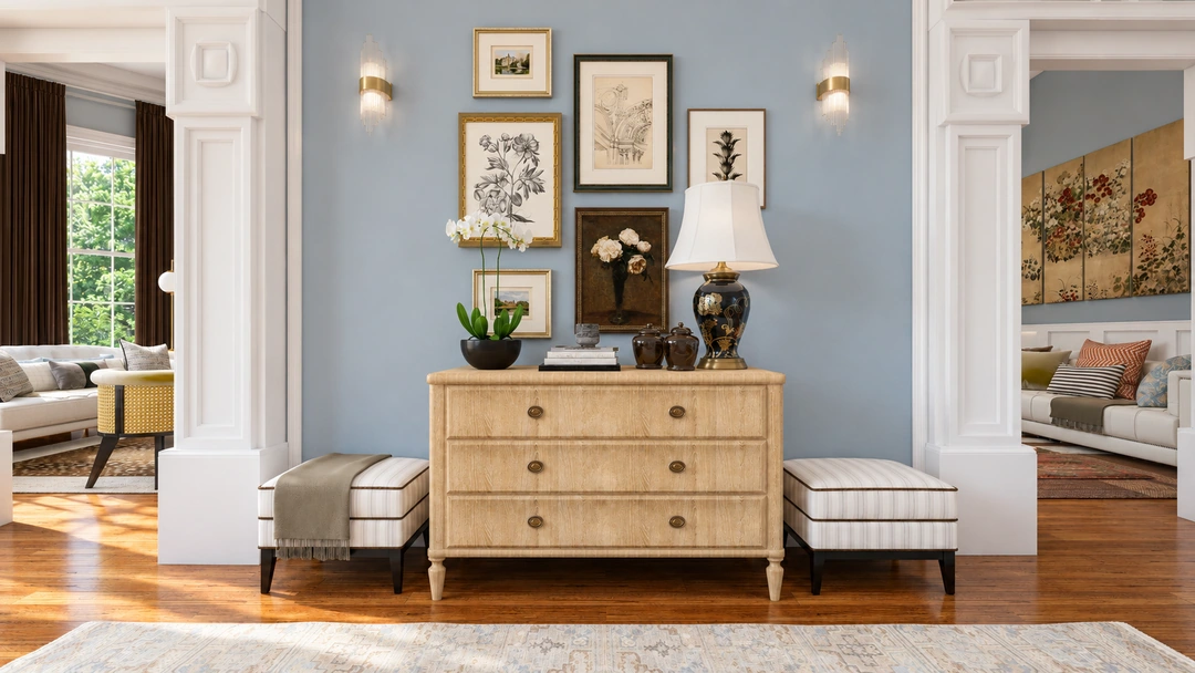 Entry console with framed artwork and striped benches — Savannah, GA, Studio Dalika; project view 7