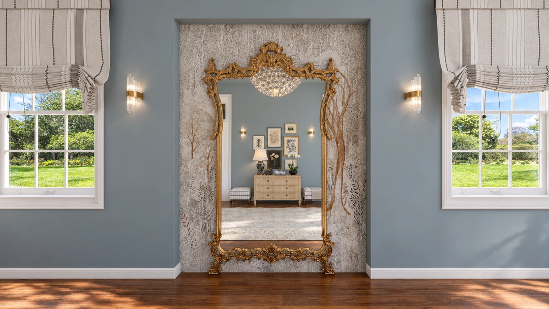 Ornate mirror on blue wall between tall windows — Savannah, GA, Studio Dalika; project view 8