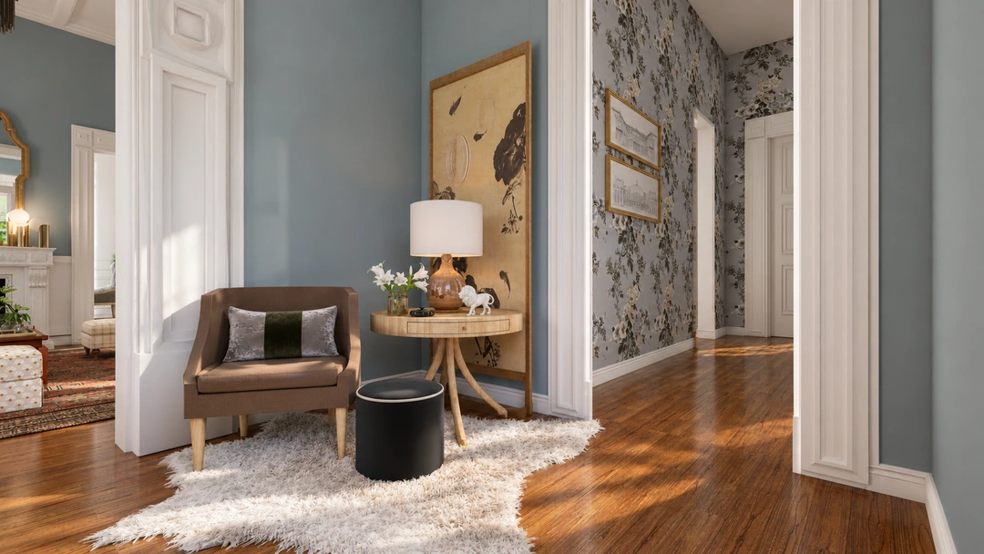 Console with table lamp beside arched doorway — Savannah, GA, Studio Dalika; project view 9