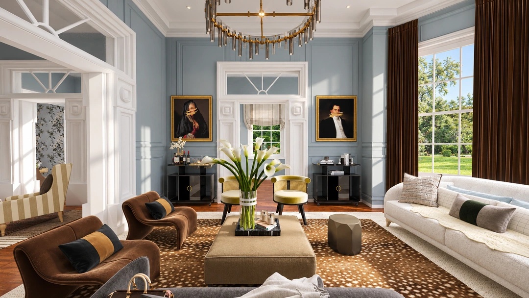 Living room with pale sofas and tall bay windows — Savannah, GA, Studio Dalika; project view 11