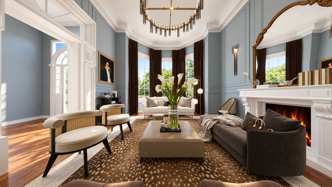 Living room with tall windows and contrasting sofas — Savannah, GA, Studio Dalika; project view 12