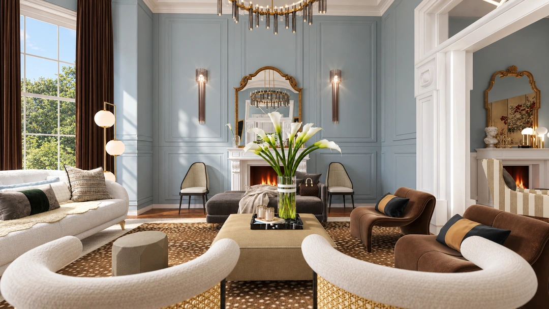 Living room with curved chairs and chandelier — Savannah, GA, Studio Dalika; project view 13