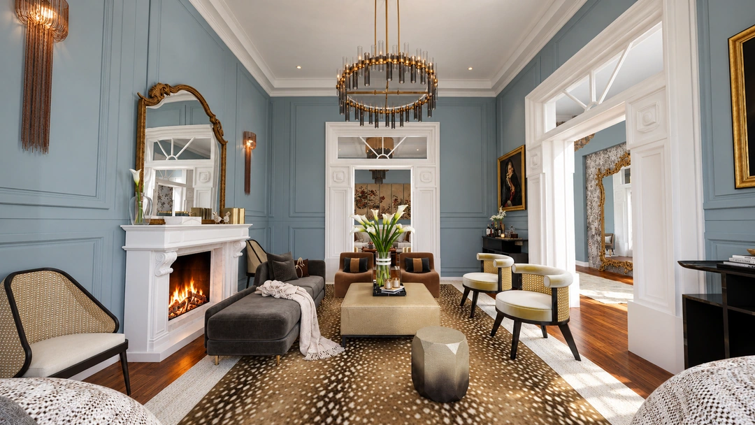 Living room with ornate mirror and fireplace — Savannah, GA, Studio Dalika; project view 14