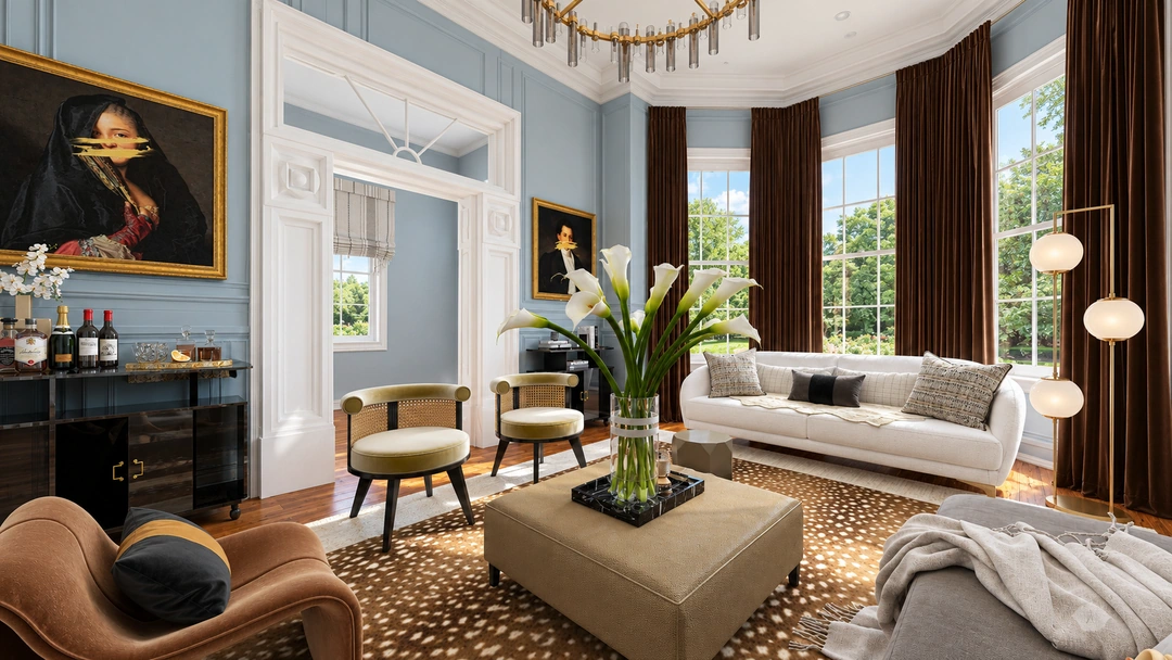 Living room with high windows and statement chandelier — Savannah, GA, Studio Dalika; project view 15