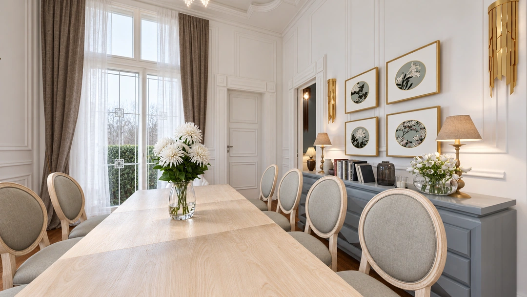 Dining room with oval chairs and gallery wall — Savannah, GA, Studio Dalika; project view 16