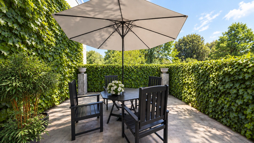 Outdoor dining terrace with umbrella and tall hedge — Savannah, GA, Studio Dalika; project view 17