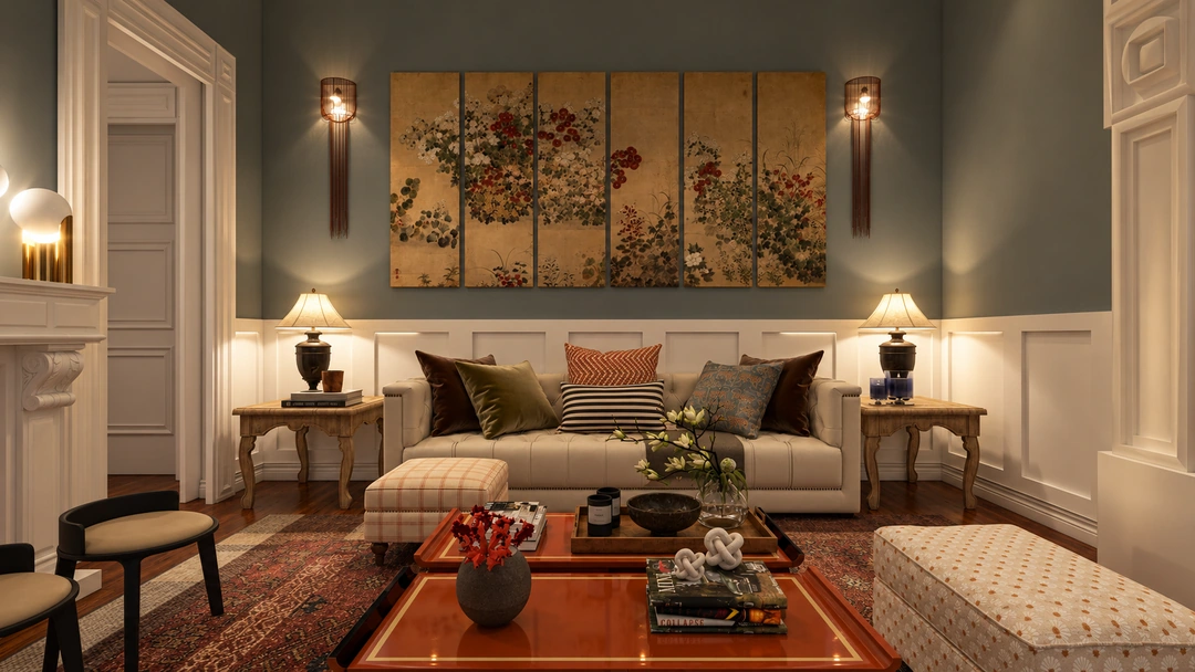 Living room with pale sofa and large framed artwork — Savannah, GA, Studio Dalika; project view 18