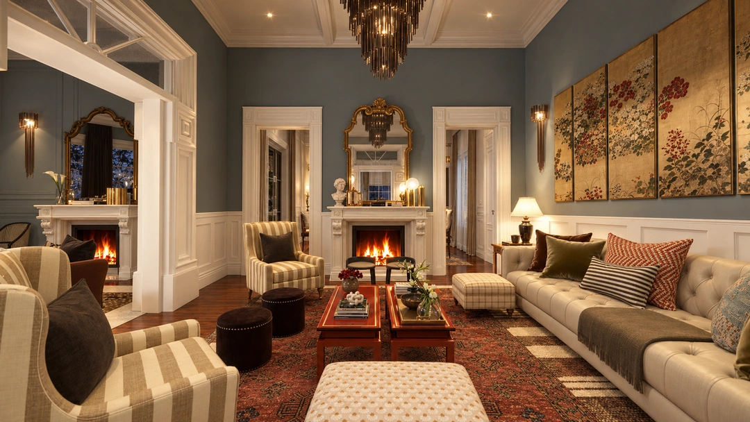 Evening living room with large artwork and pale sofa — Savannah, GA, Studio Dalika; project view 20