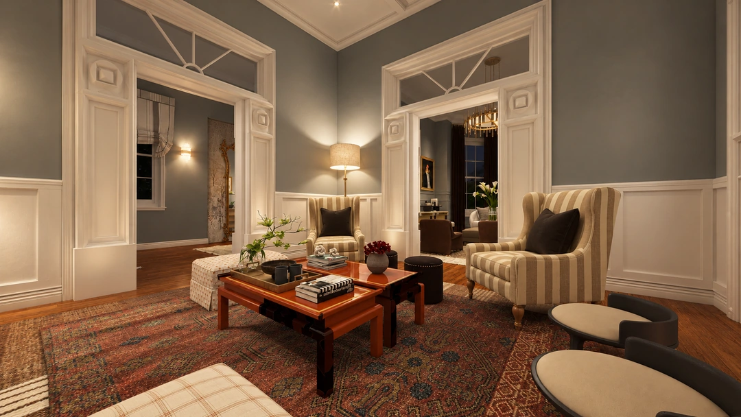 Living room with striped chairs and red coffee table — Savannah, GA, Studio Dalika; project view 21