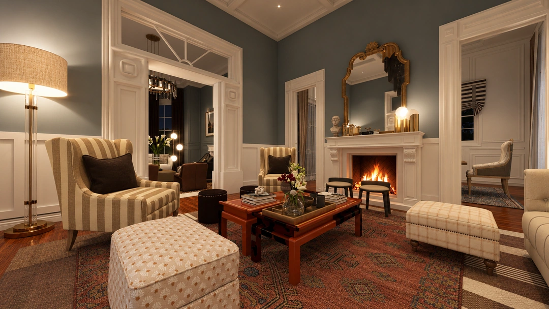 Evening sitting room with striped chairs and fireplace — Savannah, GA, Studio Dalika; project view 22