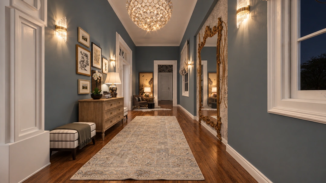 Blue entry hallway with gallery wall and runner — Savannah, GA, Studio Dalika; project view 23