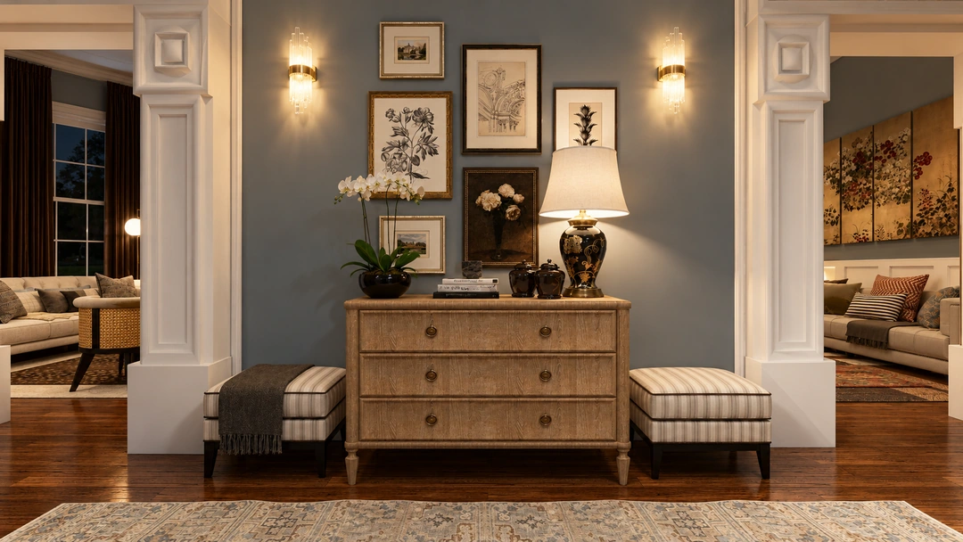 Console with framed artwork and paired striped benches — Savannah, GA, Studio Dalika; project view 24