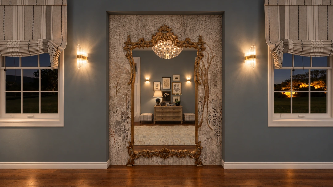 Ornate mirror with console and blue paneled walls — Savannah, GA, Studio Dalika; project view 25