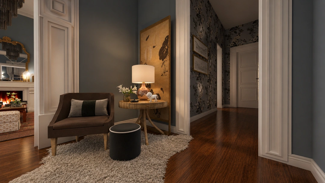 Sitting room corner with dark walls and arched opening — Savannah, GA, Studio Dalika; project view 26