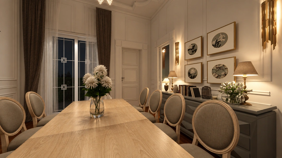 Dining room with oval chairs and blue walls — Savannah, GA, Studio Dalika; project view 27