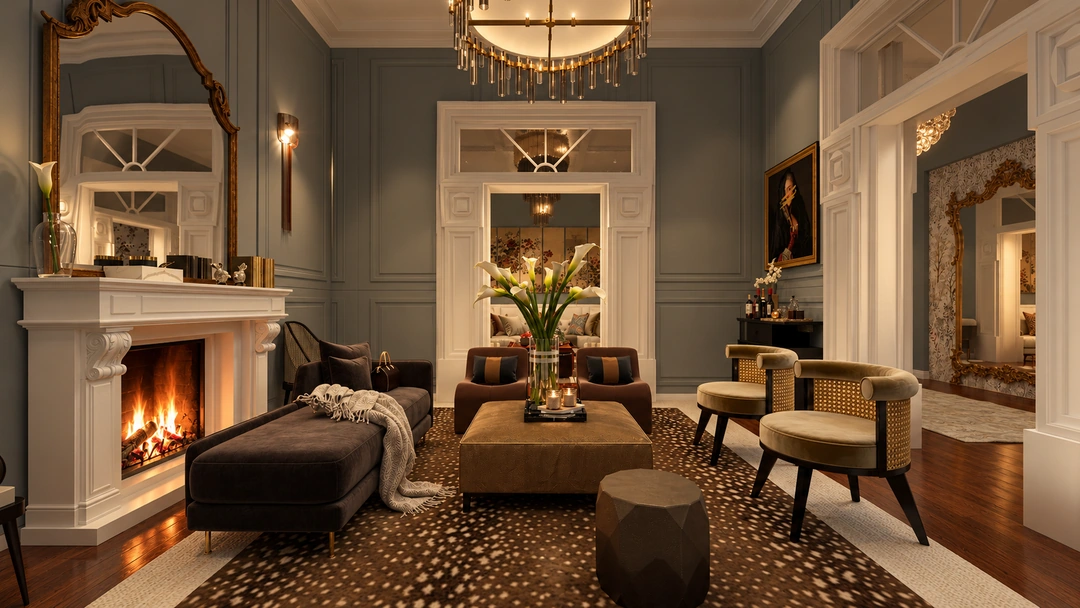Evening living room with fireplace and chandelier — Savannah, GA, Studio Dalika; project view 28