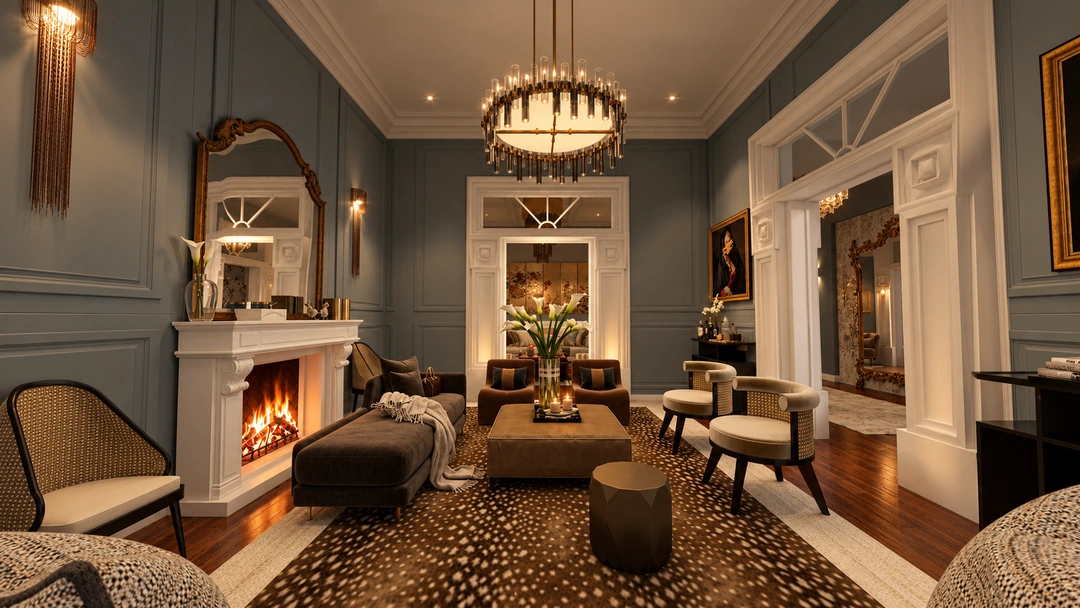 Evening sitting room facing fireplace and ornate mirror — Savannah, GA, Studio Dalika; project view 29