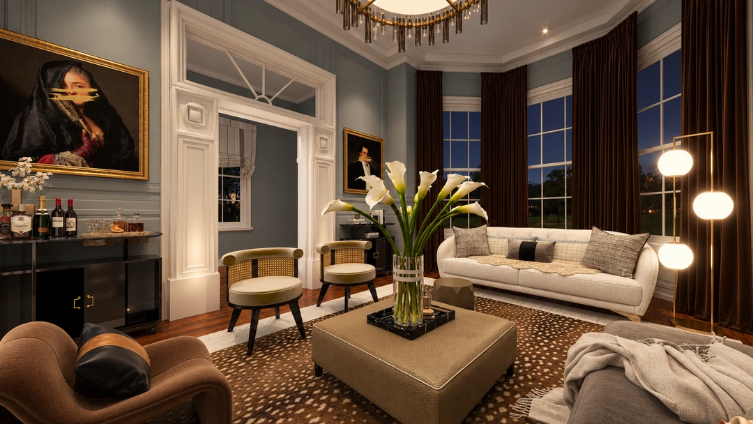 Evening living room with pale sofa and dark chairs — Savannah, GA, Studio Dalika; project view 30