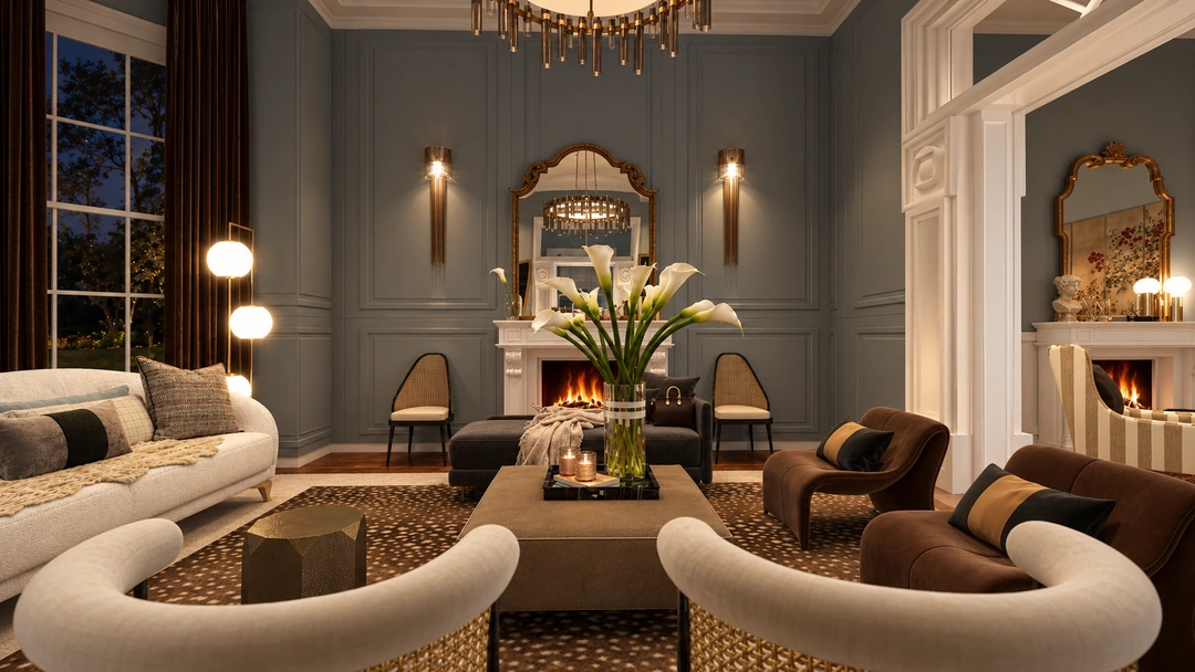 Evening living room with curved chairs and tall windows — Savannah, GA, Studio Dalika; project view 31