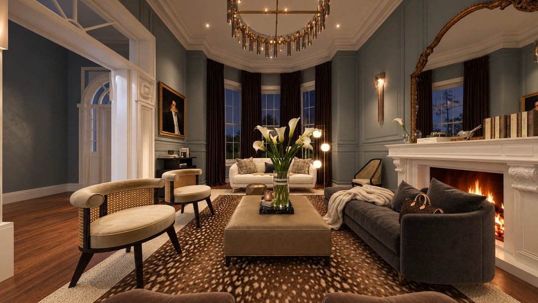 Evening sitting room with sofa and chandelier — Savannah, GA, Studio Dalika; project view 32