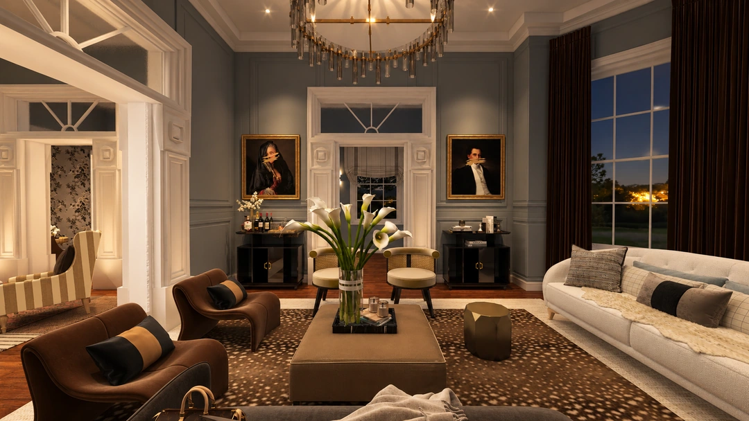 Evening living room with fireplace and layered seating — Savannah, GA, Studio Dalika; project view 33