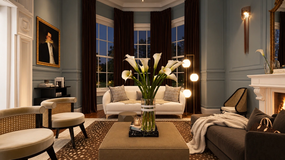 Evening living room with high ceiling and chandelier — Savannah, GA, Studio Dalika; project view 34