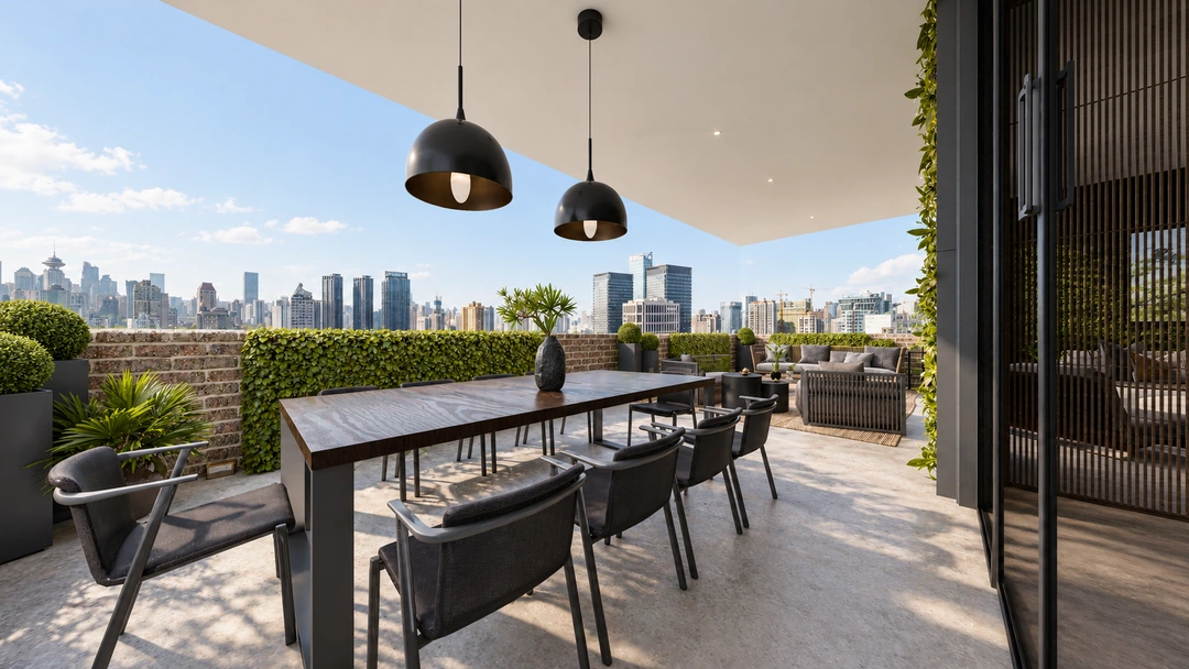 Outdoor dining table with skyline and hedge — New York, NY, Studio Dalika