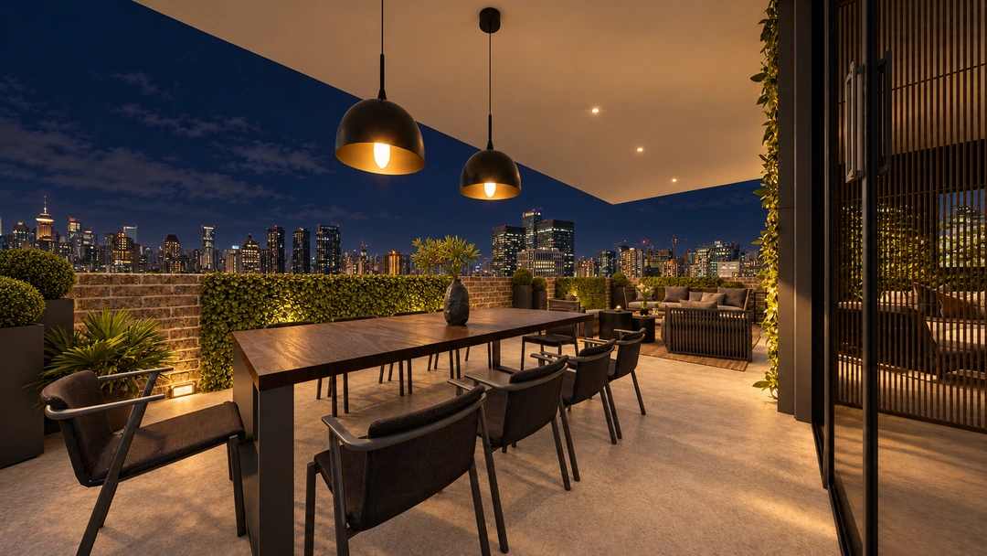 Evening terrace dining table beneath pendant lights — New York, NY, Studio Dalika; project view 4