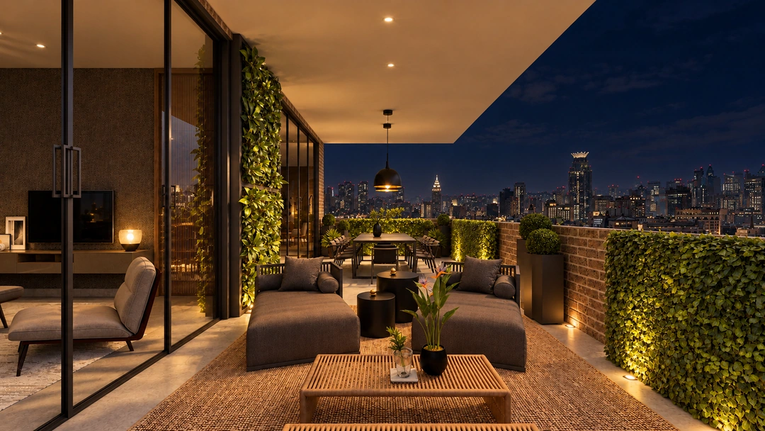 Evening covered terrace lounge with city views — New York, NY, Studio Dalika; project view 5